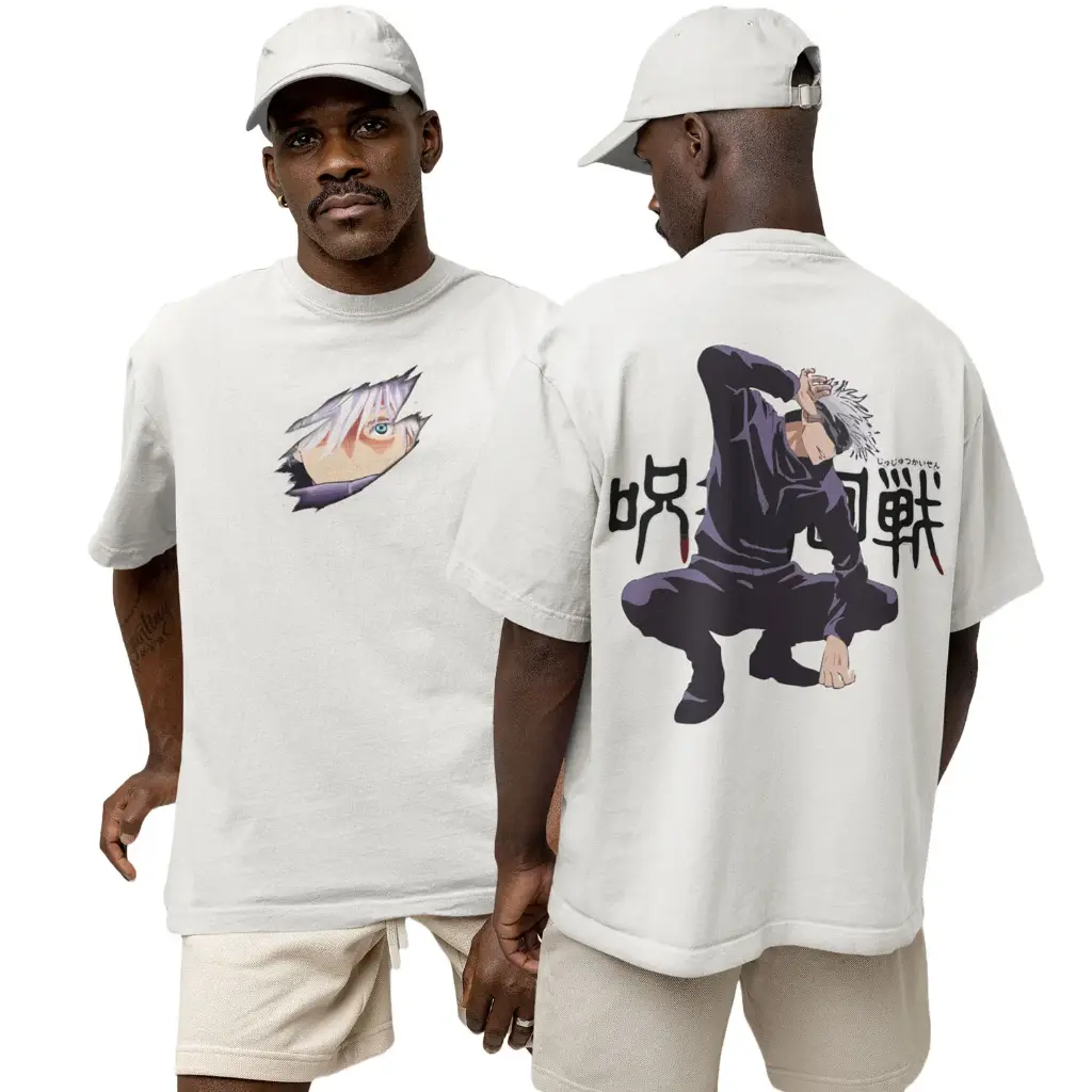 White Oversized Anime T-Shirt – 220 GSM Cotton | Gojo Satoru Print