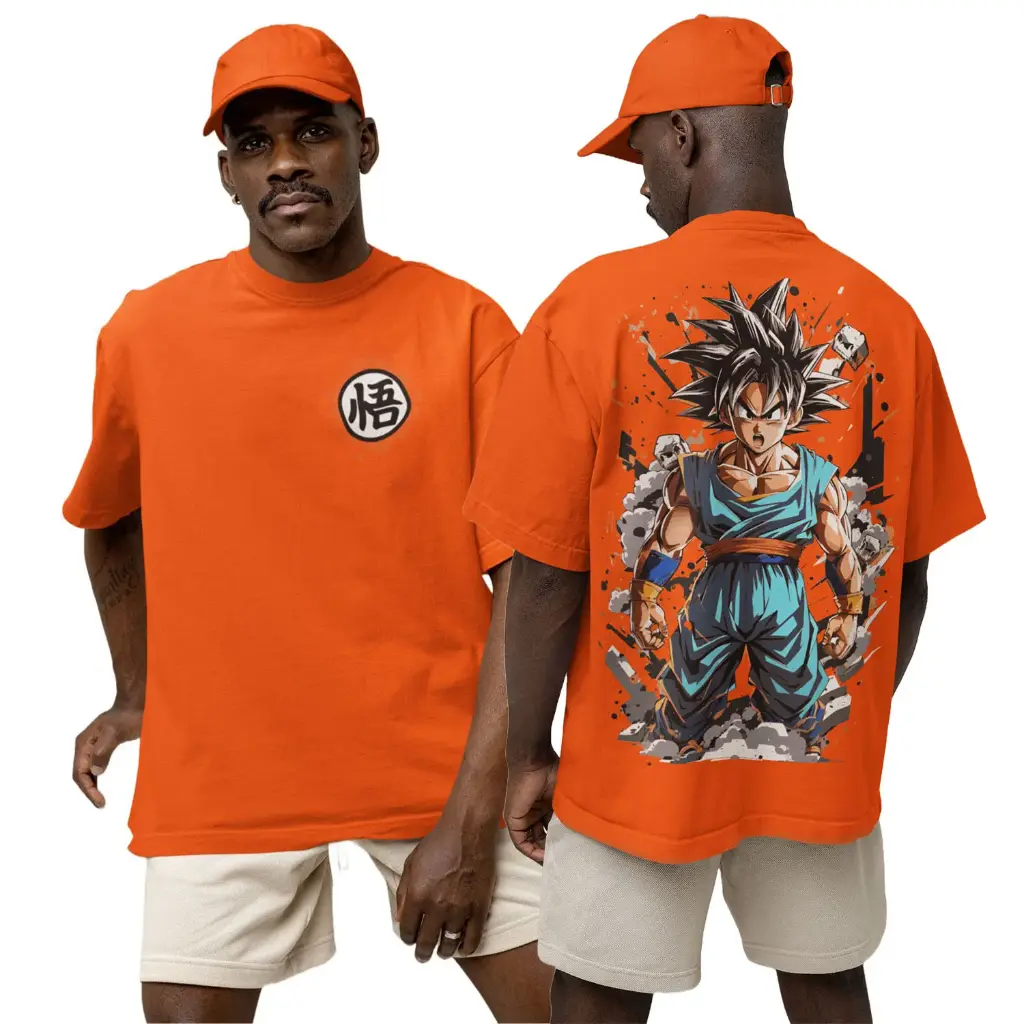 Cloroot Goku Printed Oversized T-Shirt for Men | Orange | 240 GSM Heavy Cotton | Anime Streetwear | Unisex Casual Wear