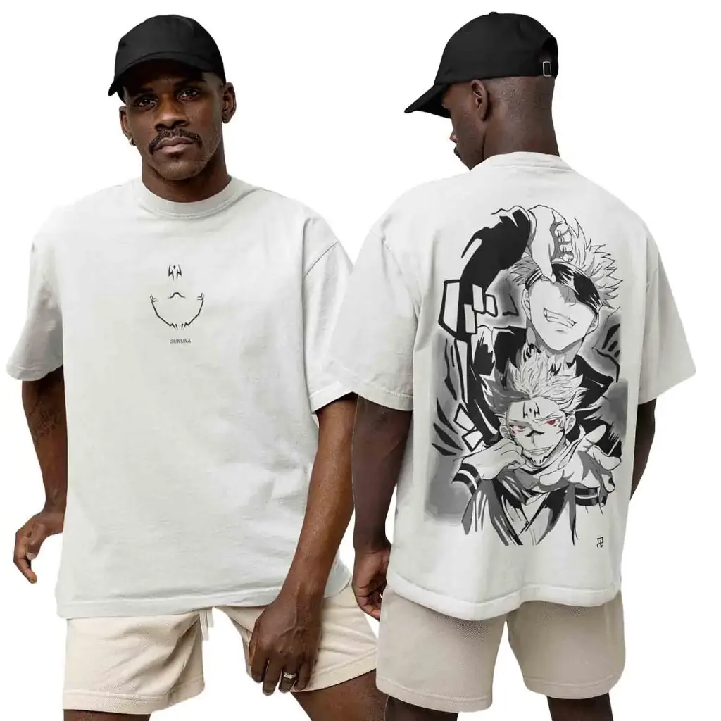 Cloroot White Oversized Anime T-Shirt for Men | Sukuna & Gojo Printed Tee | 220 GSM Cotton