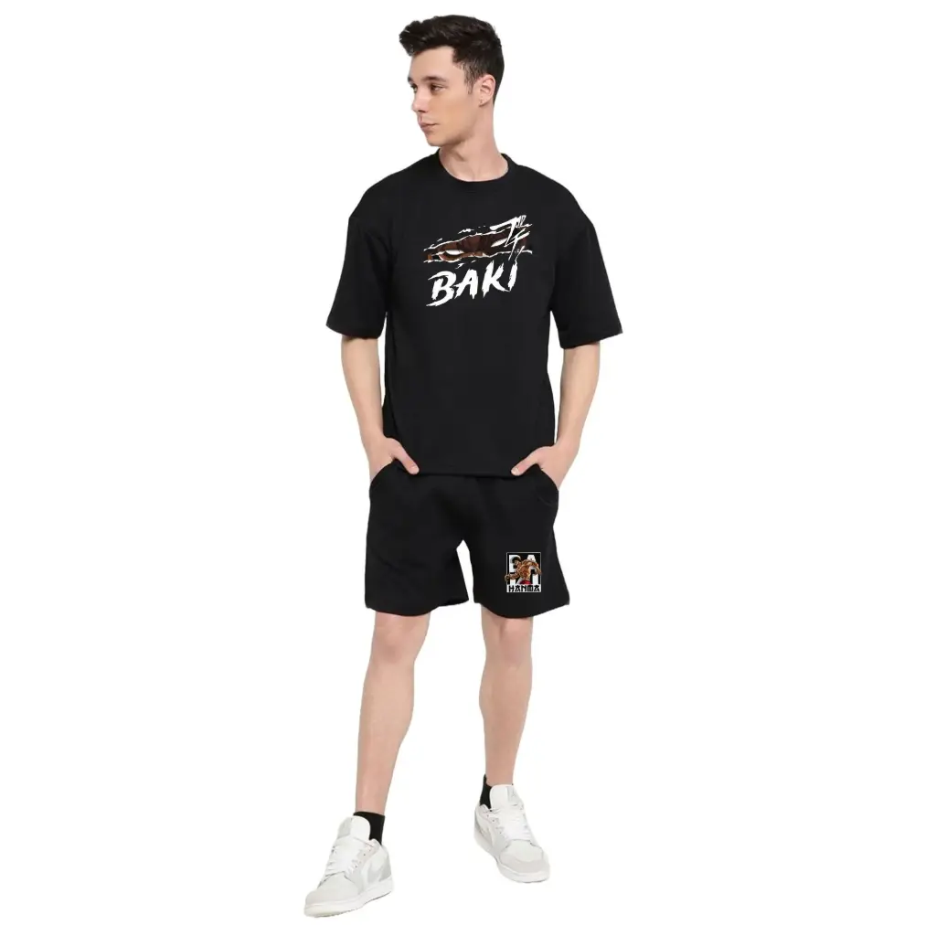 Black Baki Hanma Printed Co-ord Set | 240 GSM Relaxed Fit Oversized T-shirt & Shorts |
