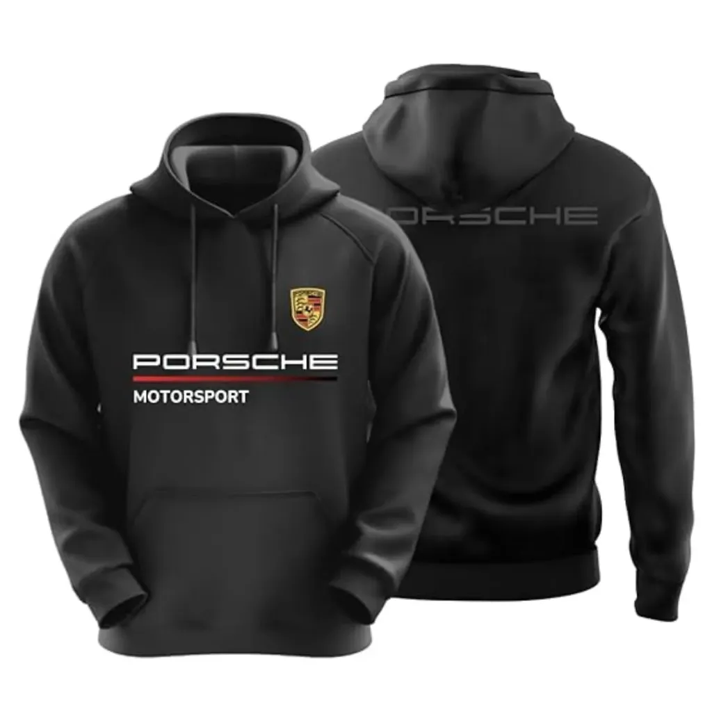Black Motorsport Printed Hoodie for Men – Regular Fit Fleece Sweatshirt with Hood & Kangaroo Pocket (S)