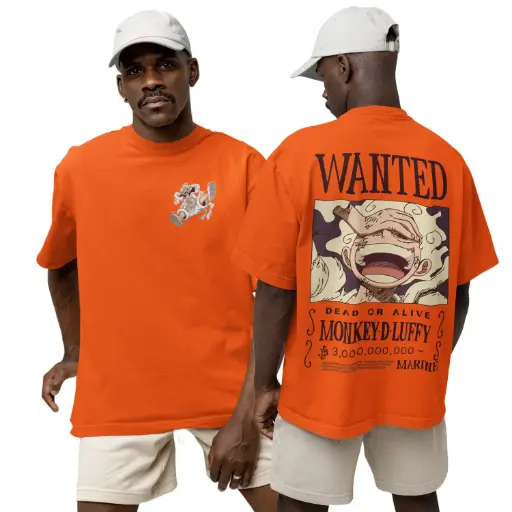 Orange Monkey D. Luffy Wanted Poster Oversized T-Shirt – 240 GSM French Terry
